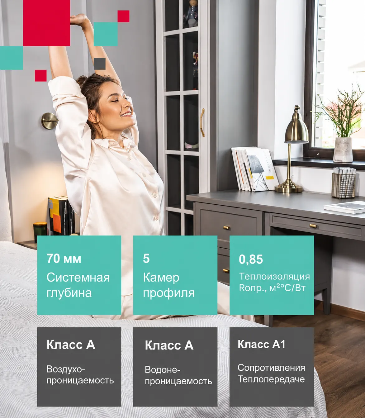 Женщина в интерьере с окнами REHAU GRAZIO
